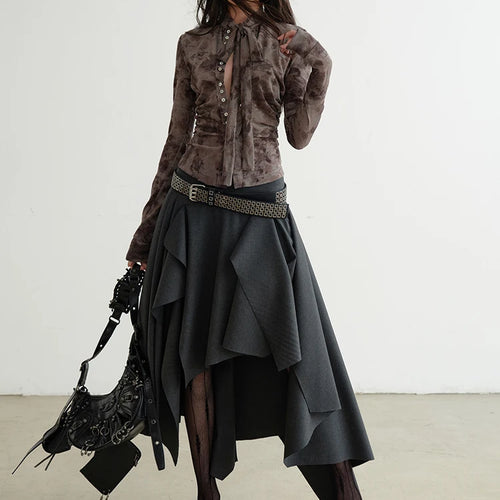 Load image into Gallery viewer, Women Gray Flocking Hollow Out Slim Bandage Bow T-shirt New Round Neck Long Sleeve Fashion Tide Spring Autumn 2025 1DH9347
