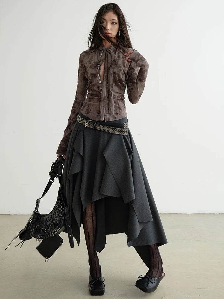 Women Gray Flocking Hollow Out Slim Bandage Bow T-shirt New Round Neck Long Sleeve Fashion Tide Spring Autumn 2025 1DH9347