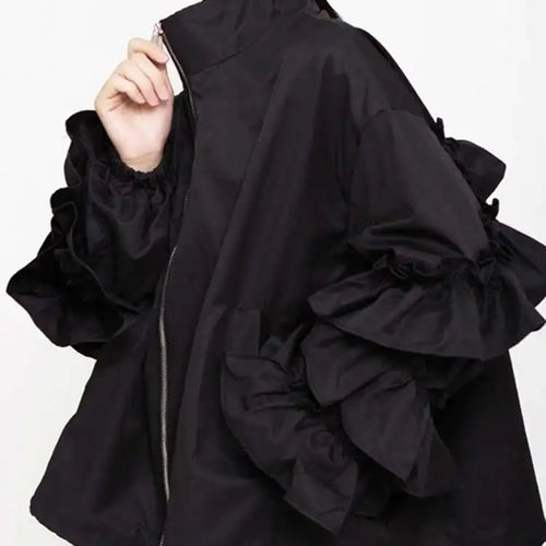 Load image into Gallery viewer, Loose Fit Black Ruffles Stitch Big Size Jacket New Lapel Long Sleeve Women Coat Fashion Tide Spring Autumn 2025 1B894
