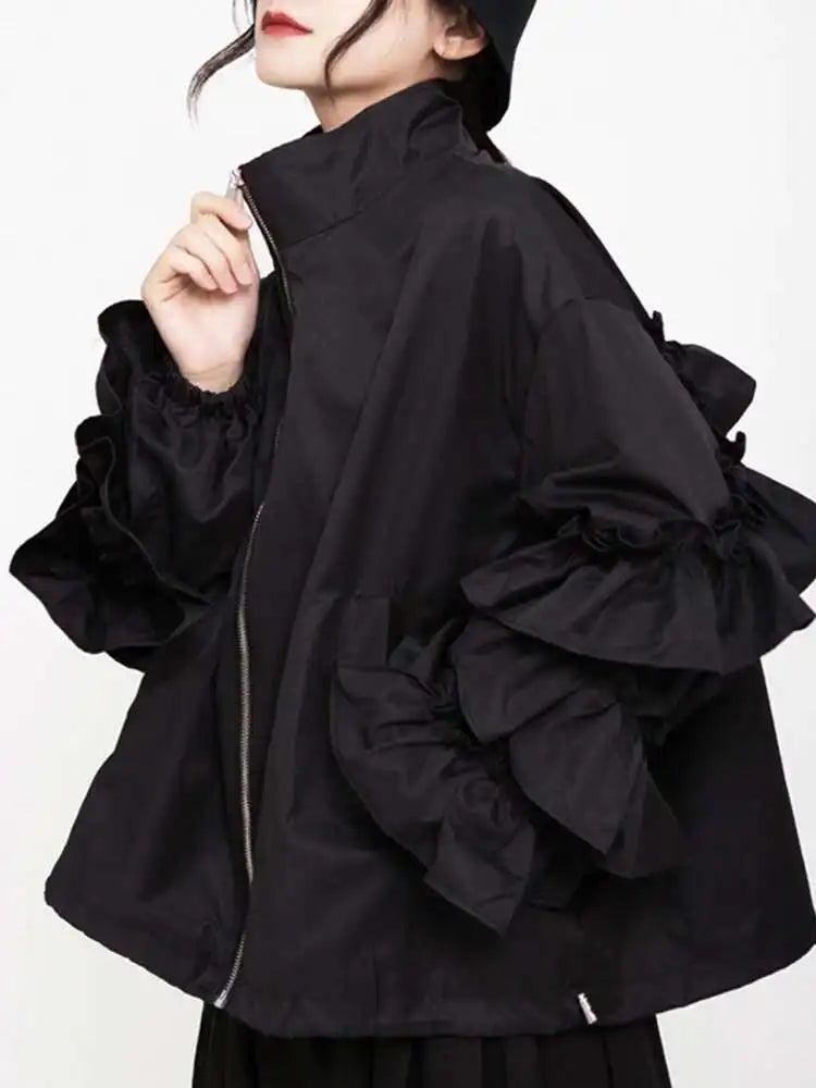 Loose Fit Black Ruffles Stitch Big Size Jacket New Lapel Long Sleeve Women Coat Fashion Tide Spring Autumn 2025 1B894