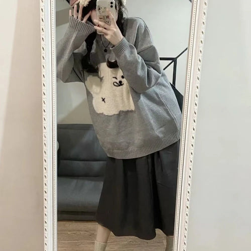 Load image into Gallery viewer, Japanese Grunge Kawaii Cute Flocking Dog Sweaters Women Y2k Aesthetic Casual Loose Jumpers 2025 Autumn New Gentle Gray Pullovers
