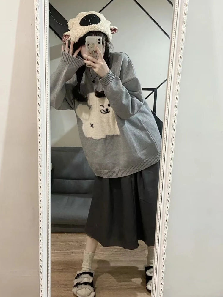Japanese Grunge Kawaii Cute Flocking Dog Sweaters Women Y2k Aesthetic Casual Loose Jumpers 2025 Autumn New Gentle Gray Pullovers