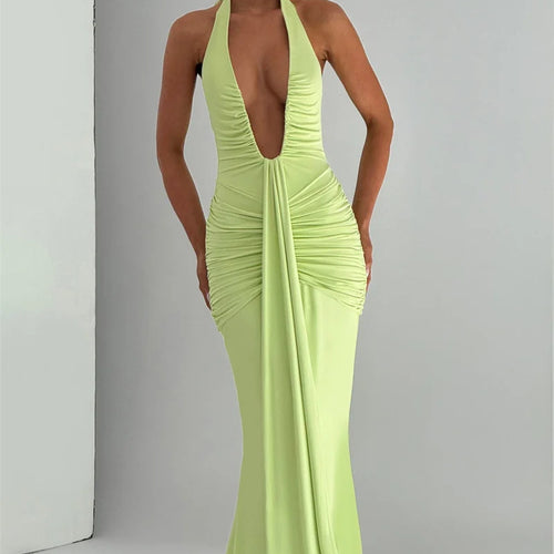 Load image into Gallery viewer, Deep V Neck Backless Ruched Sexy Maxi Dress Women Gown Summer Halter Sleeveless Draped Club Party Long Dress 2025
