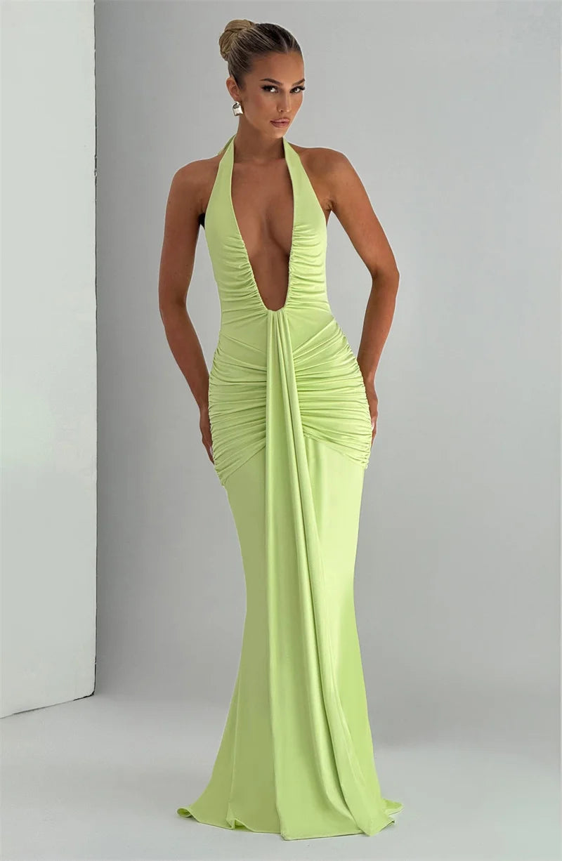 Deep V Neck Backless Ruched Sexy Maxi Dress Women Gown Summer Halter Sleeveless Draped Club Party Long Dress 2025