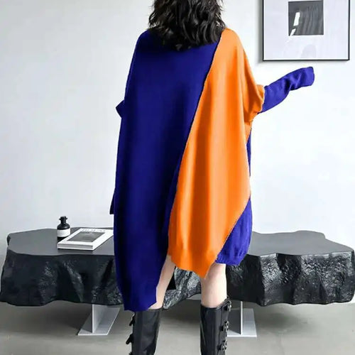 Load image into Gallery viewer, Women Gray Color-block Big Size Irregular Knitting Dress New Turtleneck Long Sleeve Fashion Spring Autumn 2025 1DH6561
