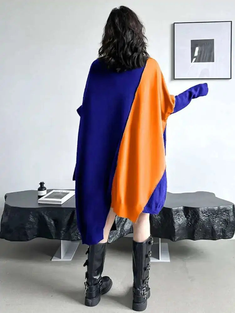 Women Gray Color-block Big Size Irregular Knitting Dress New Turtleneck Long Sleeve Fashion Spring Autumn 2025 1DH6561