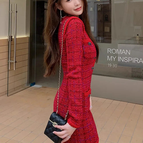 Load image into Gallery viewer, New Year Women&#39;s Plaid Red Dress V-neck Comfortable Knitted Casual Office Ladies Button Mini Dress C-221
