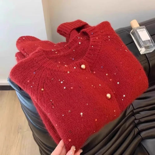 Load image into Gallery viewer, Korean Vintage Red Sequined Single Breasted Cardigan Sweater Women Autumn Winter Round Neck Long Sleeve Knitwear Tops Streetwear
