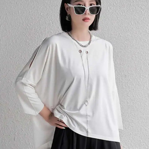 Load image into Gallery viewer, Women Black Zipper Metal Chain Big Size Casual T-shirt New Round Neck Long Sleeve Fashion Tide Spring Autumn 2025 1DF4693
