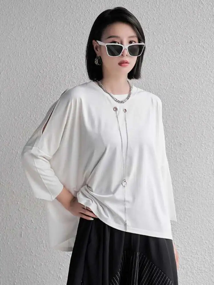 Women Black Zipper Metal Chain Big Size Casual T-shirt New Round Neck Long Sleeve Fashion Tide Spring Autumn 2025 1DF4693