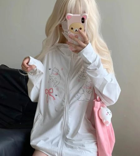 Japanese Kawaii Cute Cat Print Jackets Loose Y2k Casual Sun Protection Women's Tops Fashion Preppy Sweet Hooded Coats All Match