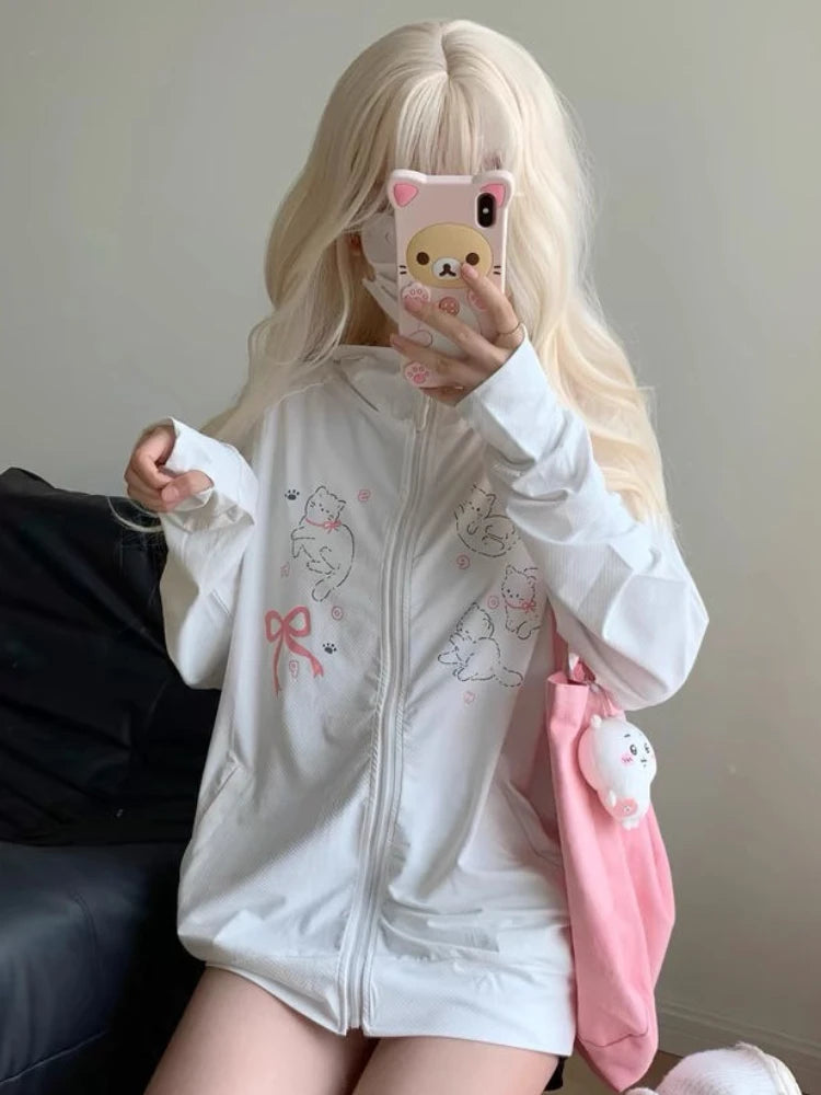 Japanese Kawaii Cute Cat Print Jackets Loose Y2k Casual Sun Protection Women's Tops Fashion Preppy Sweet Hooded Coats All Match