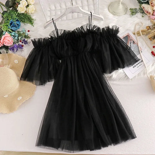 Load image into Gallery viewer, Mesh Fairy Dress Women Sundress Summer Spaghetti Stap Slip Elegant Off Shoulder Black Dress Sweet Kawaii Cute Fashion
