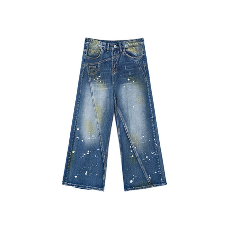 Niche Design Men's Denim Pants Worn-out Splash-ink Patchwork Straight Trousers Wide Leg Loose Male Jeans Autumn Tide 9C6864
