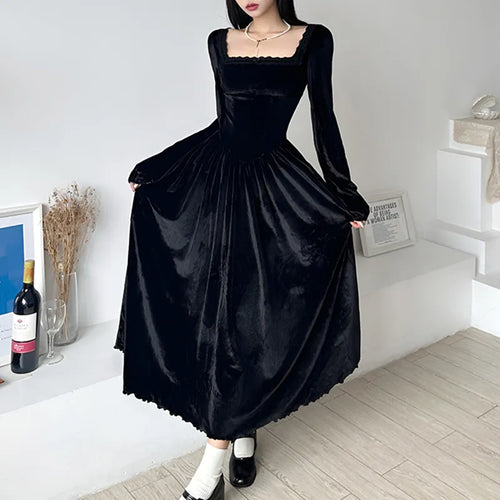 Load image into Gallery viewer, Square Neck Lace Trim Black Velour Autumn Dress A-Line Korean Fashion Fold Corset Long Dress Elegant Party Birthday
