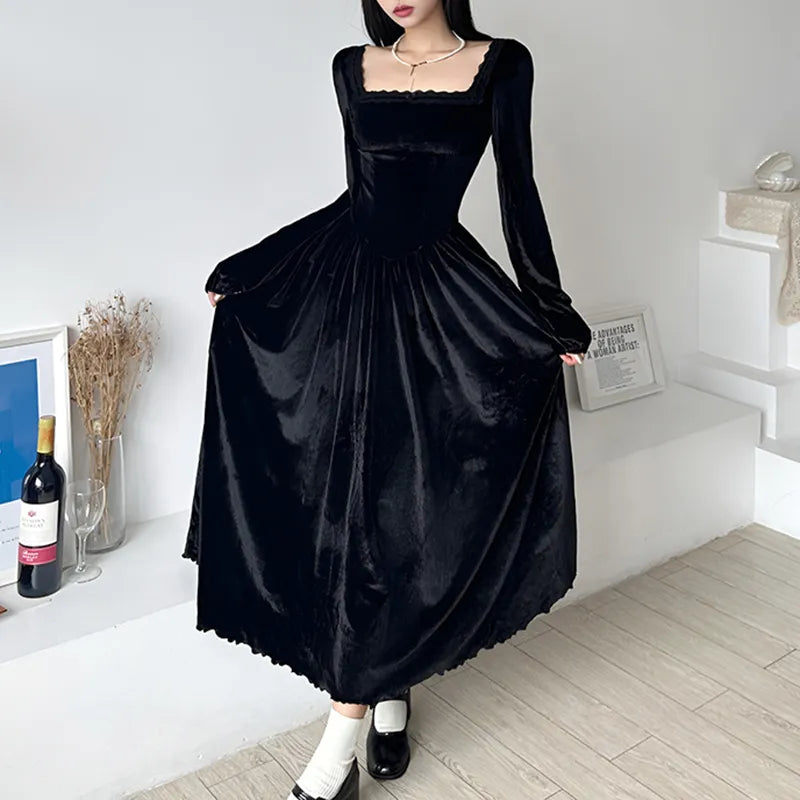 Square Neck Lace Trim Black Velour Autumn Dress A-Line Korean Fashion Fold Corset Long Dress Elegant Party Birthday