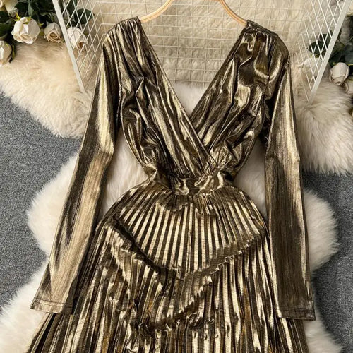 Load image into Gallery viewer, French Women Sexy Formal Green Elegant Backless Pleated Long Dress Autumn V Neck Long Sleeve Ladies Gold Evening Party Prom Gown
