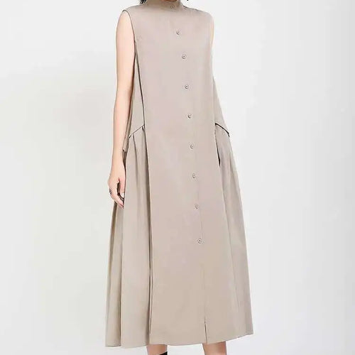 Load image into Gallery viewer, Women Khaki Split Pleated Long  Dress New Stand Collar Sleeveless Loose Fit Fashion Tide Spring Summer 2025 1Y353
