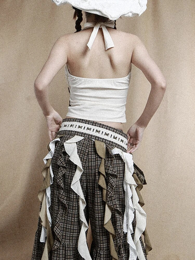 Crisscross Tank Tops For Women Halter Sleeveless Backless Folds Summer Vintage Vest Female Fashion Clothing