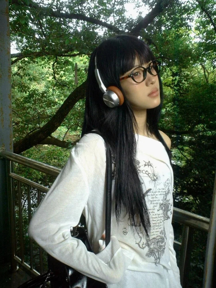 Harajuku Skew Collar Loose T-shirts 2025 Streetwear Letter Print Grunge Tops Women Casual Y2k Aesthetic Summer Sunscreen Tees