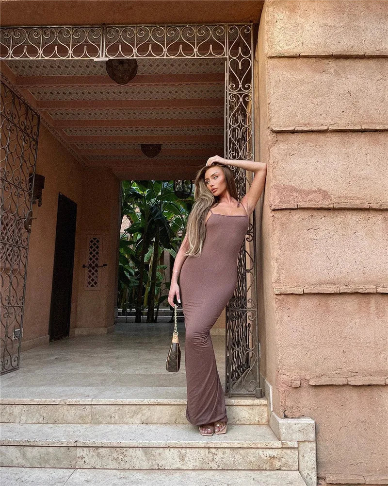 Spaghetti Strap Backless Bodycon Maxi Dress Women Autumn New Thickened Fabric Sleeveless Club Party Sexy Long Dress