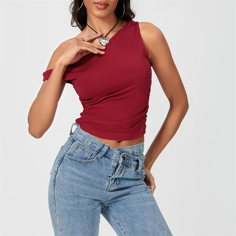y2k Crop Tops 2000s Clothing Women Solid Color Oblique Shoulder Sleeveless T Shirt Aesthetic Clothes Summer Streetwear