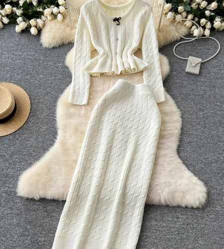 Vintage Solid Round Neck Button Ruffles Knitwear Sweater Tops And High Waist Long Skirt Two Piece Set Women Autumn Winter Simple