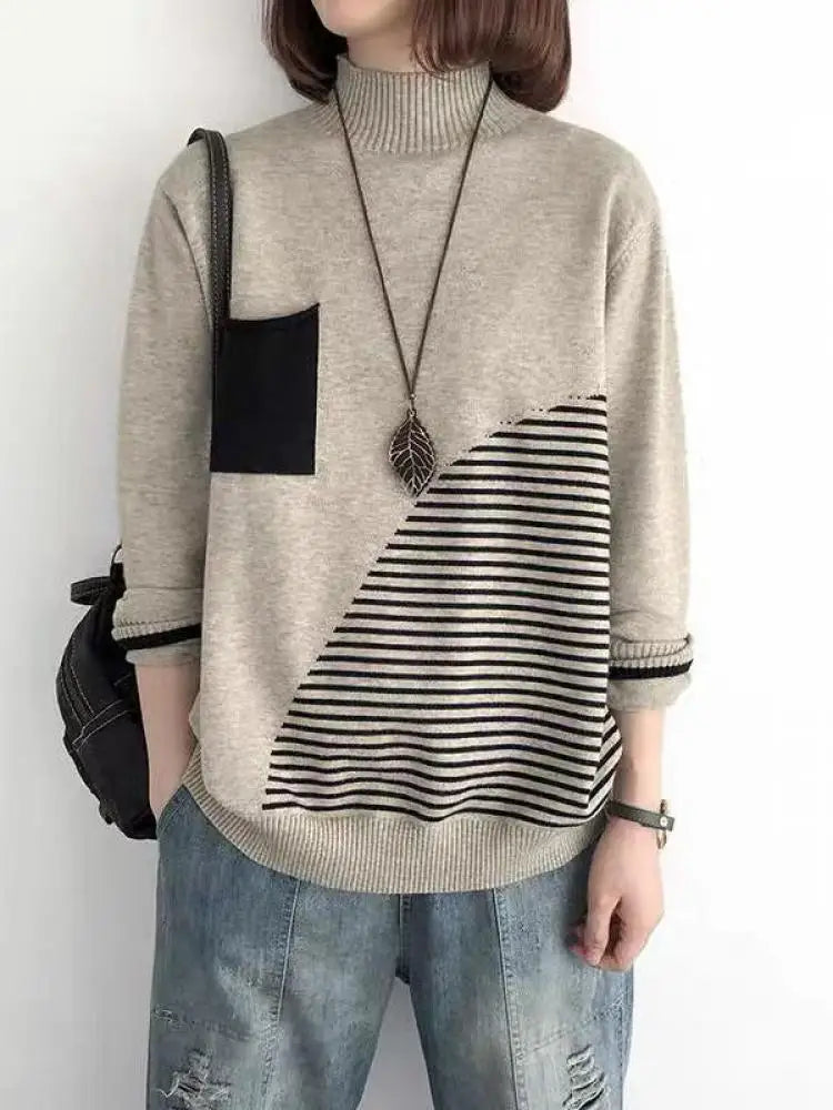 2024 New Women Striped Patchwork Half High Neck Knitted Tops Streetwear Autumn Winter Casual Long Sleeve Pullover Sweater Trendy