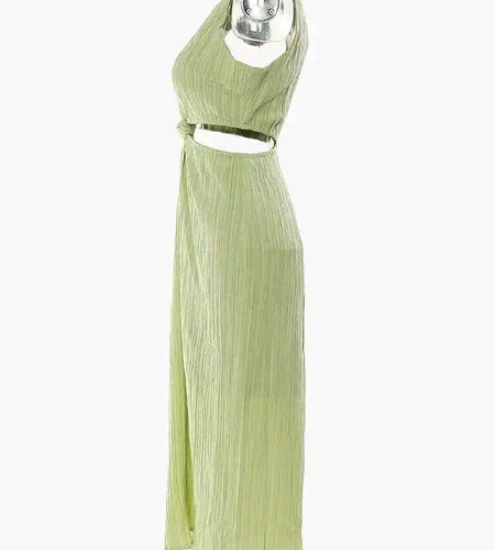 Women Green Waist Knot Cut-out Long Elegant Dress New Round Neck Sleeveless Loose Fit Fashion Spring Summer 2025 17A7128