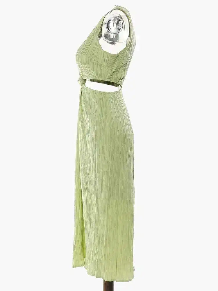 Women Green Waist Knot Cut-out Long Elegant Dress New Round Neck Sleeveless Loose Fit Fashion Spring Summer 2025 17A7128