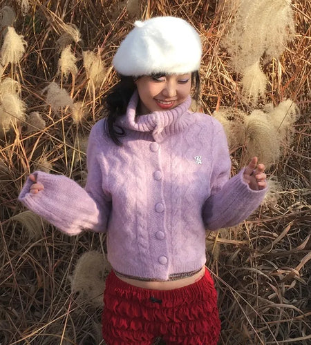 Japanese Y2k Turtleneck Cardigans Vintage Korean Style Knitted Sweater 2000s Aesthetics Pink Winter Knitwear Harajuku