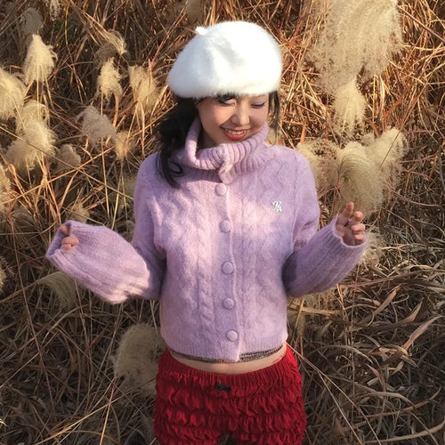 Load image into Gallery viewer, Japanese Y2k Turtleneck Cardigans Vintage Korean Style Knitted Sweater 2000s Aesthetics Pink Winter Knitwear Harajuku
