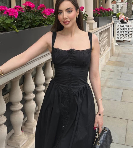 Summer Black Holiday Party Dresses Elegant Spaghetti Strap Midi Lace Up Dress Black Casual Women New In Dress 2023