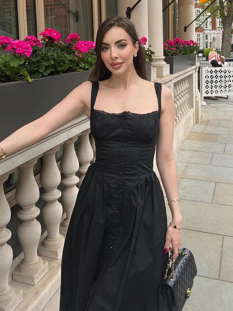 Summer Black Holiday Party Dresses Elegant Spaghetti Strap Midi Lace Up Dress Black Casual Women New In Dress 2023