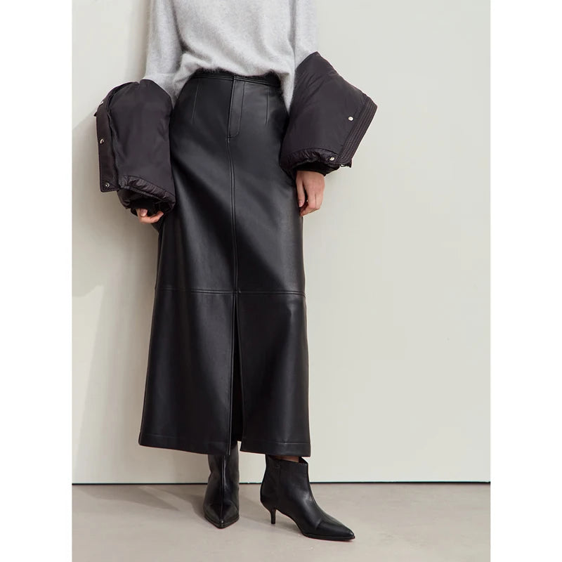 Minimalist Women's Retro Leather Skirts Eco-friendly PU Split A-line Female 2024 Winter Simple Commuter Clothing 12444182