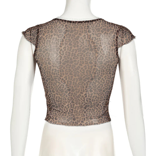 Load image into Gallery viewer, Vintage Fashion Brown Leopard Mesh Top See Through Thin Ruched Bow Sexy Party T-shirts Women Summer Slim Y2K Clothes
