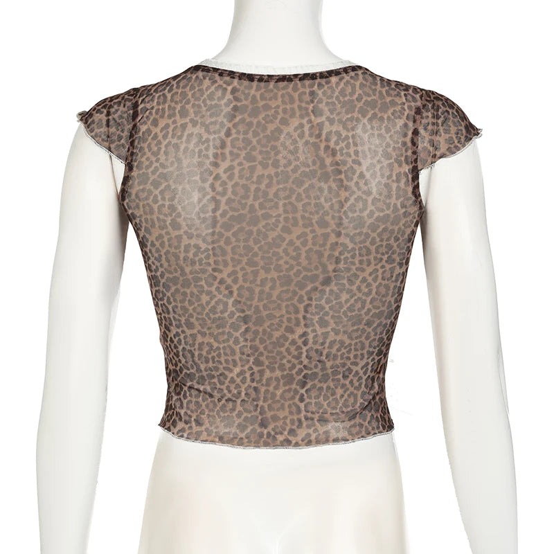 Vintage Fashion Brown Leopard Mesh Top See Through Thin Ruched Bow Sexy Party T-shirts Women Summer Slim Y2K Clothes