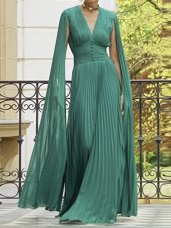 Women Evening Prom Pleated Maxi Dress Summer Elegant V-neck Batwing Sleeves  Banquet Party Long Dresses for Woman