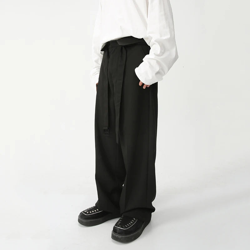 Minimalist Men's Suit Pants Casual Belt High Waist Solid Color Bottom Straight Wide Leg Loose Male Trousers Autumn 9S8