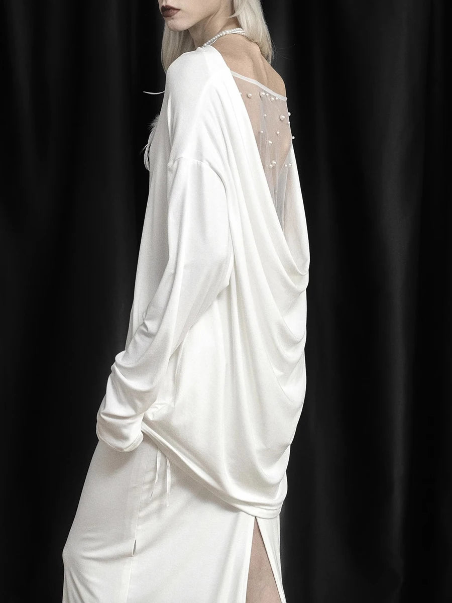 Solid Spliced Lace Loose T Shirts For Women Irregular Long Sleeve Minimalsit T Shirt Female Fashion Style Clothes