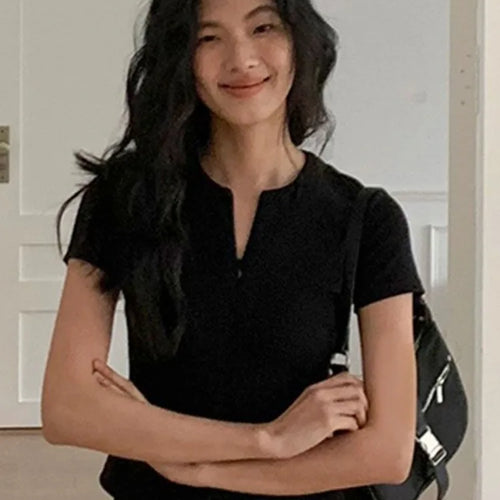 Load image into Gallery viewer, 2025 Harajuku Zipper Designer Solid Shirt Y2k Aesthetic Bodycon Simple Fairy Tshirt Women Slim Fit Streetwear T Shirt Summer
