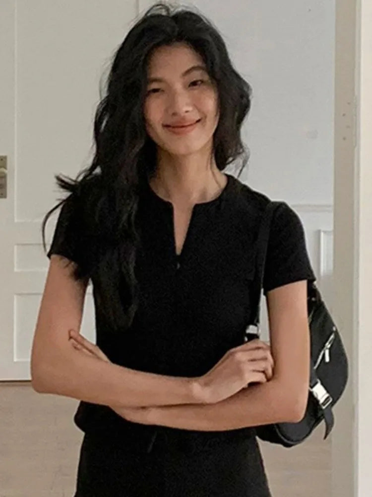 2025 Harajuku Zipper Designer Solid Shirt Y2k Aesthetic Bodycon Simple Fairy Tshirt Women Slim Fit Streetwear T Shirt Summer