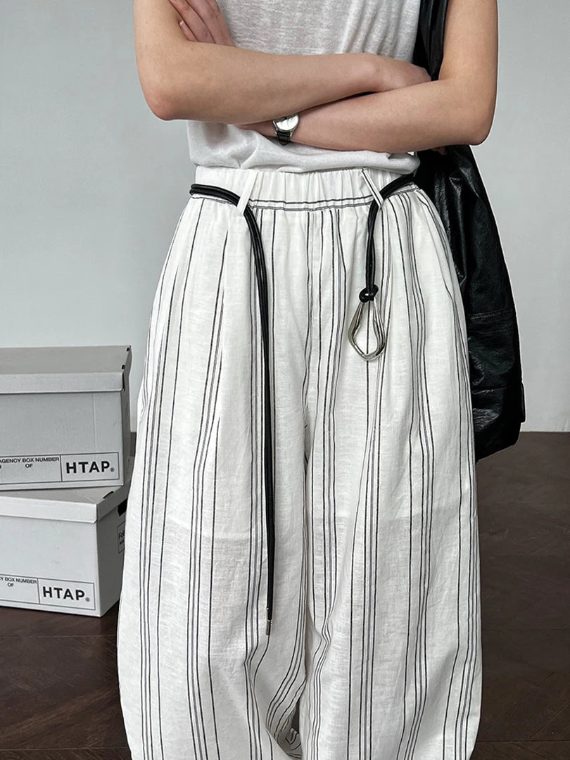 High Waist Brown Striped Linen Belted Long Wide Leg Pants New Trousers Women Fashion Tide Spring Autumn 2025 1DJ1558