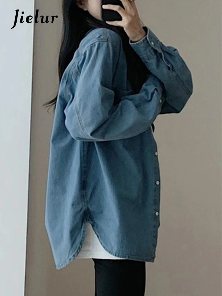 Blue Polo Denim Women Shirt Solid Color Chic Streetwear Single Breasted French Style Straight Loose Pockets Female Shirts