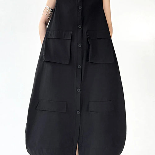 Load image into Gallery viewer, Women Black Pockets Big Size Casual Midi Vest Dress New Round Neck Sleeveless Fashion Tide Spring Autumn 2025 1DJ1167
