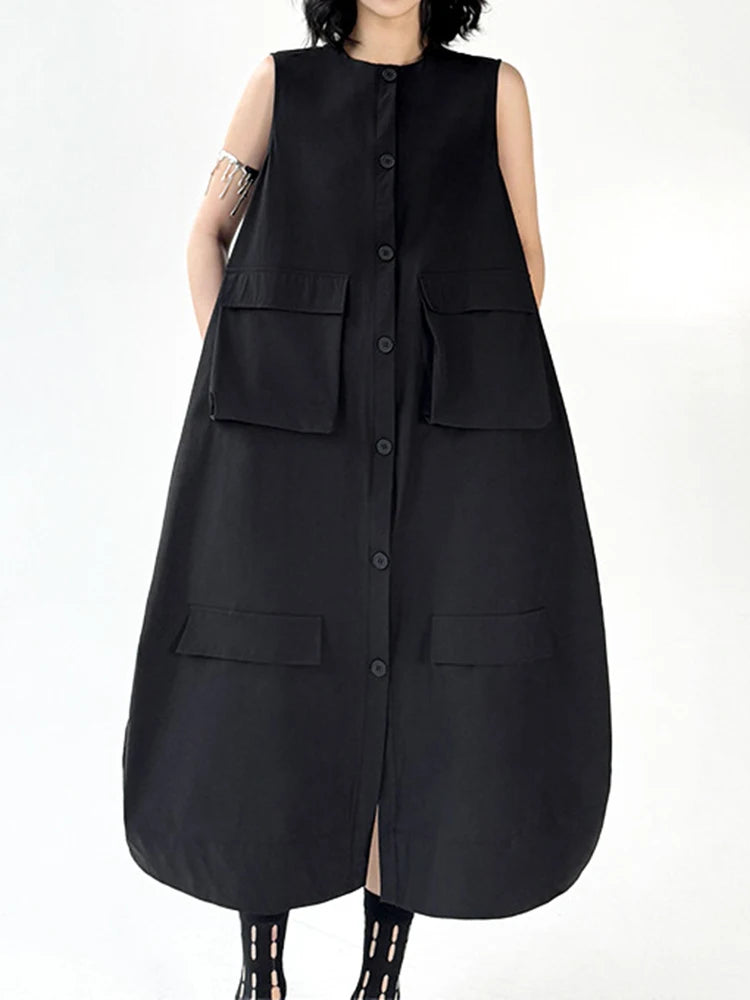 Women Black Pockets Big Size Casual Midi Vest Dress New Round Neck Sleeveless Fashion Tide Spring Autumn 2025 1DJ1167