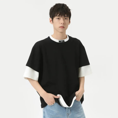 Load image into Gallery viewer, Korean Style Male T-shirts Summer Loose Round Neck Short Sleeve Fake Two-piece Patchwork Men&#39;s Tees Chic 2024 9C6308
