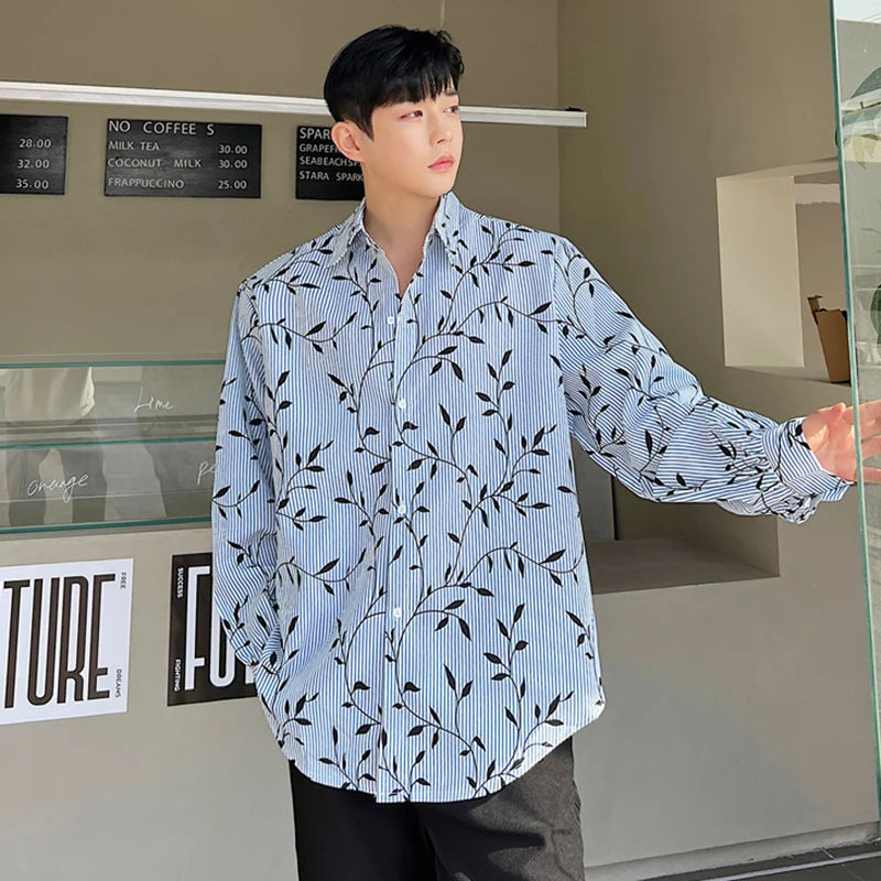 Striped Men's Shirts Long Sleeves Korean New Fashion Leaf Printed Male Single Breasted Male Clothing Lapel Shirt 9W1404