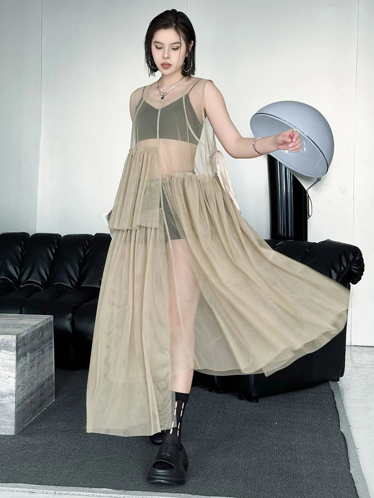 Women Black Khaki Mesh Perspctive Big Size Long Dress New Round Neck Sleeveless Fashion Tide Spring Autumn 2025  1DJ1064