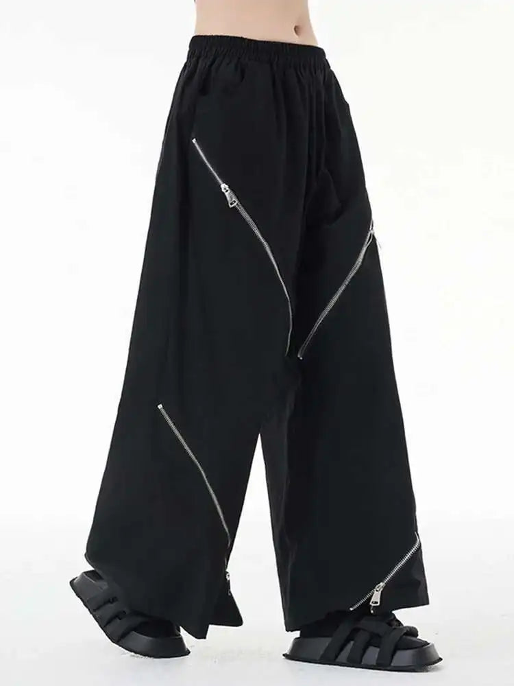 High Elastic Waist Gray Zipper Irregular Wide Leg Pants New Loose Fit Trousers Women Fashion Spring Autumn 2025 1DH3451